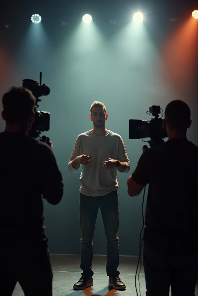 a person being forced to give a message in front of cameras, with the people who forced him behind the cameras and lights