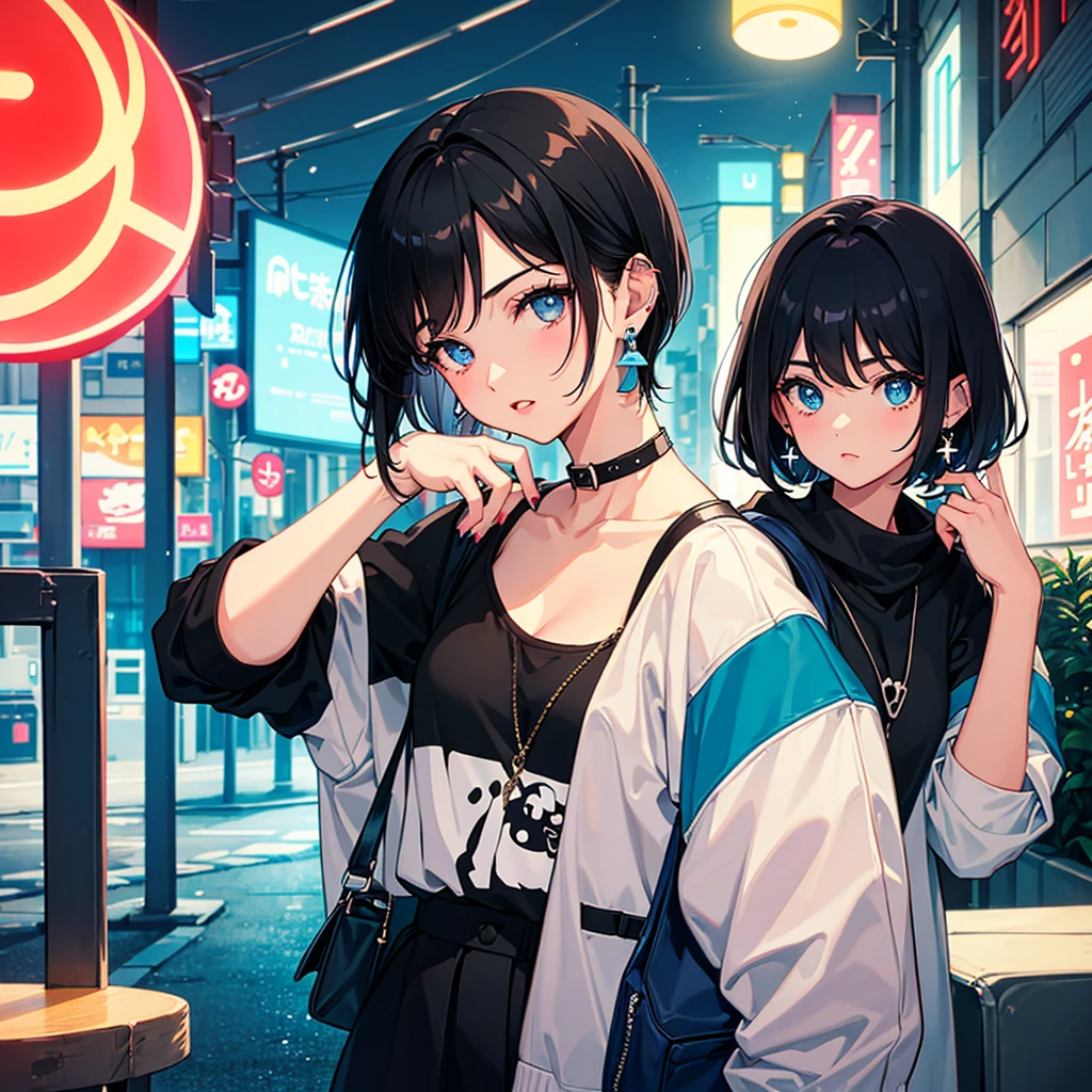 Cute girl retro chill lofi 80s style, with short black hair,blue eyes, 20 years old, earrings, and that it is night in the illuminated city of Tokyo, side look