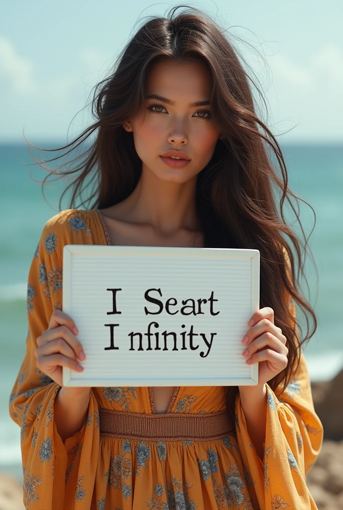 Beautiful girl with wavy long hair, bohemian dress, holding a white board with text "I Love Seaart Infinity" and showing it to the viewer