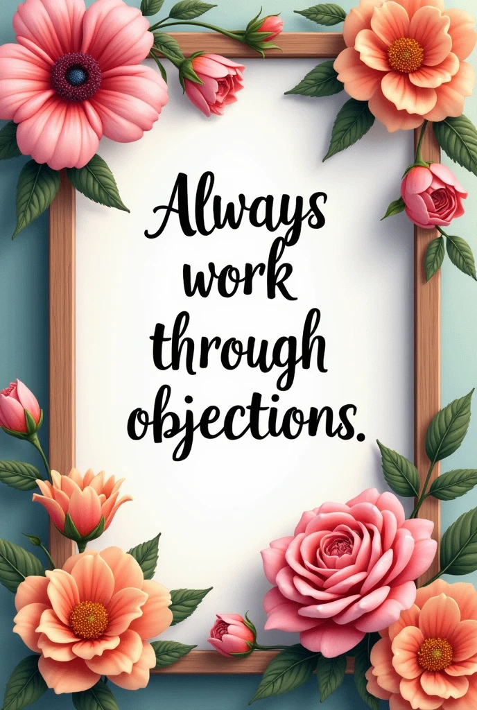 Make a picture with flowers and an inscription "Always work through objections"