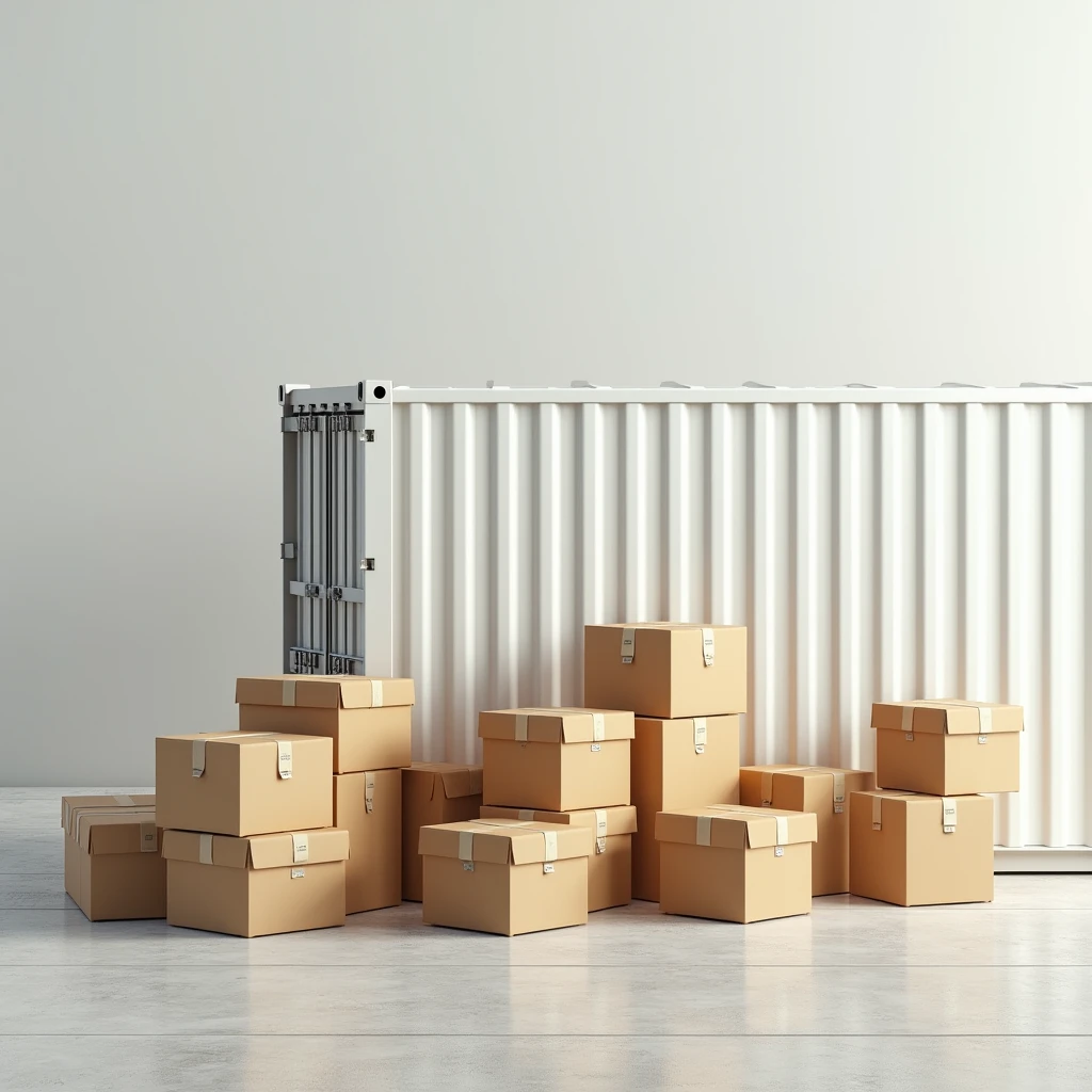 Hyper realistic image of 10 carton boxes arranged near a white container viewed from afar on ground level
