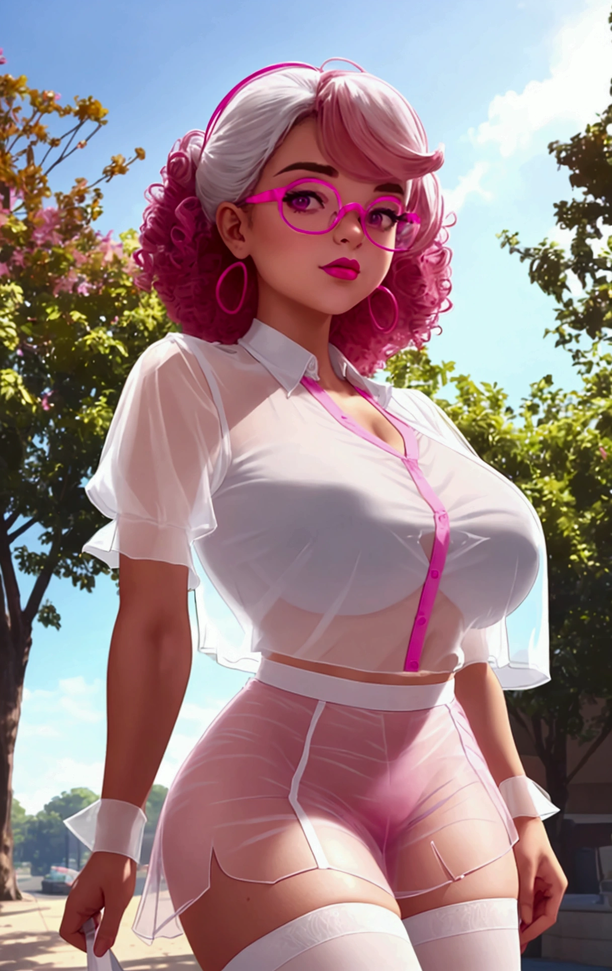 (piriformis:1.2), (Professional color photography:1.2), in library, (Random pose and position), cute woman, (curly hairstyle), (hot pink garter belt), (pink glasses), (hot pink short skirt), (transparent white blouse:1.4), (white pantyhose), (showing boobs), (hot pink lipstick), (huge breasts), 8k, photorealist, realist, dramatic lighting, (detailed eyes and face:1.2), (extremely detailed skin:1.2), extremely detailed face, Extremely detailed eyes, thick thighs.