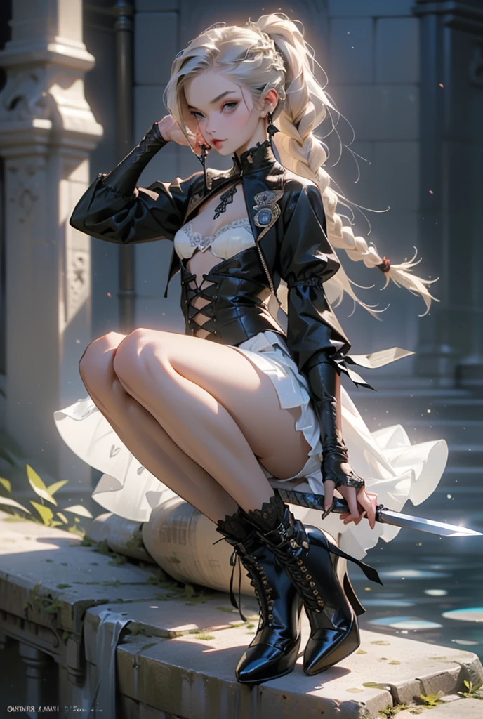 (((masterpiece, of the highest quality, super detailed))), ((a female knight of an occult order)), (an occult saint), (combat pose), (ready for combat), (resolved expression), (resolute expression), (((floating sword, nier automata))), ((Edwardian/Victorian era inspired)), ((minimal but intricate beautiful armour)), (big forhead:1.2),extremely detailed cute anime face, (((flat chest))), ((flat chest:1.1)), ((((long twin braids,tight braids,long braid,braided hair,long hair)))), ((ponytail, thick ponytail, heavy ponytail)),  ((Fluttering lace flared dress with frilly petticoats)), ((((Highly detailed face))), (((Very sharp focused eyes))), very long eyelashes, ((small breasts)), (((flat chest:1.1))), occult aesthetic, (red and white clothing detailed and intricate steampunk and detailed gothic), (with a hood), complex lace boots, (full body)