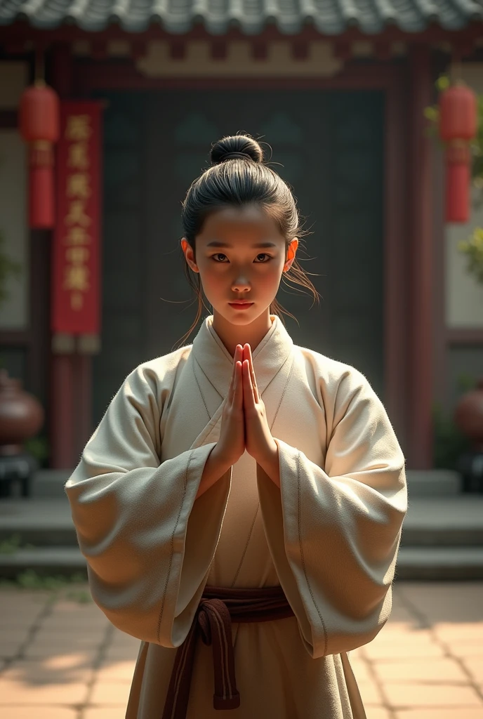 Traditional Chinese Kung Fu Greeting, left open hand covering right fist.