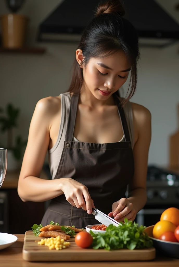 A Indonesian girl is cooking.、(Kitchin_apron:1.Wear 3)、Good hands、10、high-reaster-piece、highest quality、head:1.3、((Hasselblad photo))、Fine Skin、crisp focus、(Light like a movie)、gentle lighting、Dynamic Ungle、[:(detailed face:1.2):0.2]、The chest is large.、Sweating, skin flow.:1.2、(((In the kitchen))) Erotic smile　Audience view　Colossal　having　sleeveless　Quench the upper arm.　I'm sticking out.　open legs　Nipples are visible.　cleanliness　Large kitchen　bedroom　Wine Glass　　 Negative prompt　Pubic hair can be seen.
Negative Pro