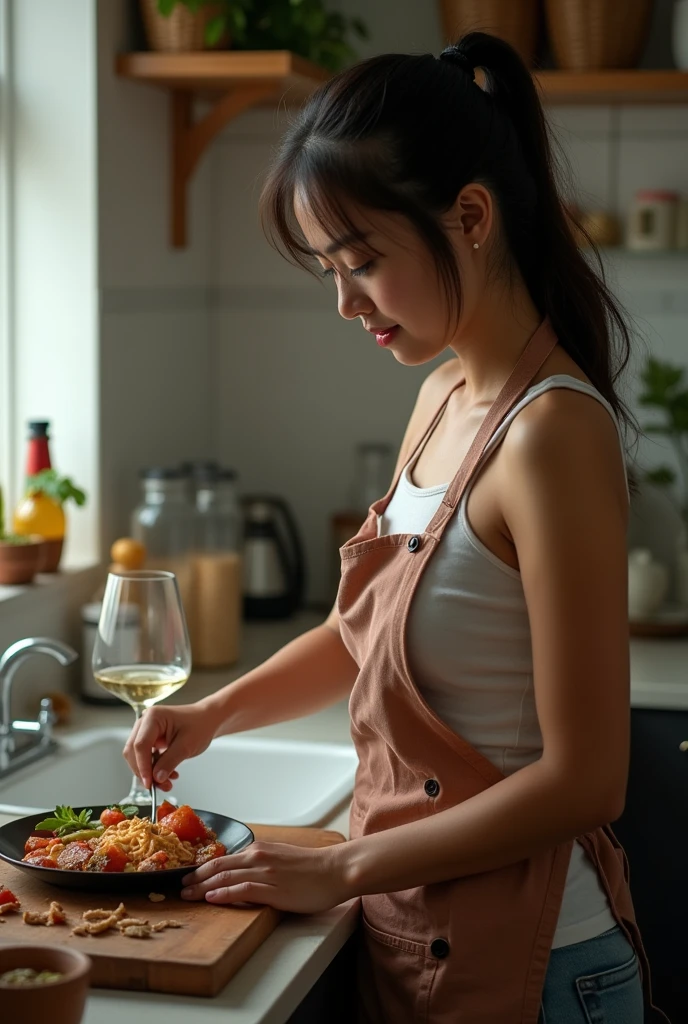 A Indonesian girl is cooking.、(Kitchin_apron:1.Wear 3)、Good hands、10、high-reaster-piece、highest quality、head:1.3、((Hasselblad photo))、Fine Skin、crisp focus、(Light like a movie)、gentle lighting、Dynamic Ungle、[:(detailed face:1.2):0.2]、The chest is large.、Sweating, skin flow.:1.2、(((In the kitchen))) Erotic smile　Audience view　Colossal　having　sleeveless　Quench the upper arm.　I'm sticking out.　open legs　Nipples are visible.　cleanliness　Large kitchen　bedroom　Wine Glass　　 Negative prompt　Pubic hair can be seen.
Negative Pro