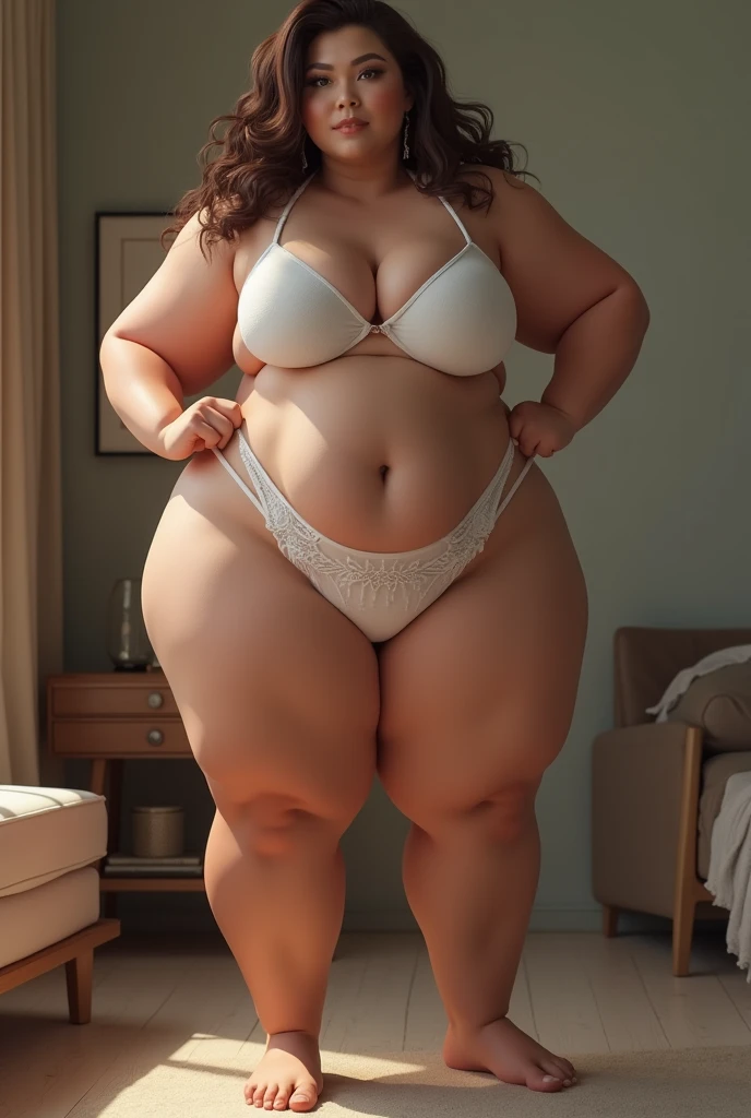 araffe woman in a white bra and micro panties posing for a picture, a 3D render inspired by Rob Liefeld, tumblr, hyperrealism, thicc, thick body, thicc build, thick thigs, large thighs, hyperrealistic full figure, exaggeratedly large physique, massive legs towering over you, thick, beautiful thick female, powerful and huge