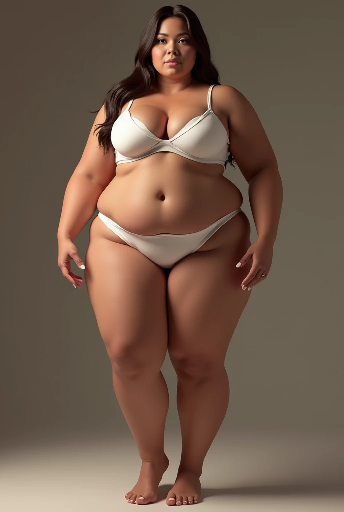 araffe woman in a white bra and micro panties posing for a picture, a 3D render inspired by Rob Liefeld, tumblr, hyperrealism, thicc, thick body, thicc build, thick thigs, large thighs, hyperrealistic full figure, exaggeratedly large physique, massive legs towering over you, thick, beautiful thick female, powerful and huge