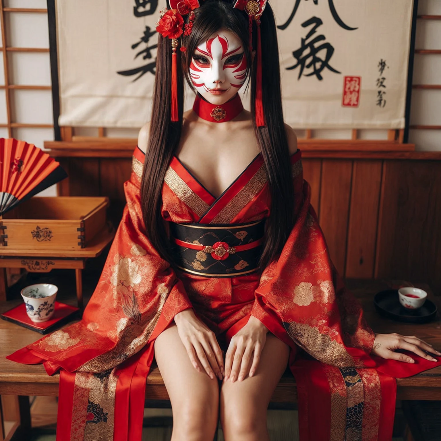 a woman (medium-size chest) long straight two ponytail hair dressed in a detailed,vibrant red short offshoulder kimono-inspired outfit is sitting on wooden bench in a traditional Japanese setting. She wears a striking red and white kitsune mask, adorned with ribbons, The kimono wide short sleeves with black and gold. The setting includes a scroll with Japanese calligraph and the bench beside her holds traditional Japanese items, such as sake set,decorative fan,