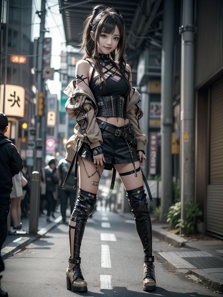 (Side view:1.1)、(Smiling with teeth showing:1.3),(Shibuya Gal:1.5)、(Underground idol style:1.5)、(Neo-goth fashion:1.5)、(Punk RockVisual Kei:1.5)、(An off-the-shoulder hoodie in khaki and brown with delicate silver accessories.:1.5)、(A corset with a delicate beige and brown design:1.4)、(Dark grey, khaki and brown snakeskin bodysuit:1.5)、(Snake print headband:1.3)、(Beige and charcoal knee socks:1.4)、Embellished collar and long boots、(I'm selling snake print underwear.:1.4)、(Long eyelashes:1.3)、(20-year-old)、((Highest quality、8k、masterpiece:1.3))、1 Female、Slim and beautiful abs:1.3、(hairstyle casual、Beautiful boobs:1.1)、(Doing an aerobics pose:1.3)、dress:1.1、Super small face、Narrow eyes、double eyelid、A sloppy smile、Esbian all over body、Dynamic Angle、Close-up、CPL Filter、Blurred Background、Bokeh、Blue Hour、Detailed face and skin texture、Detailed eyes、,(Twin tails:1.3)、(Black brown hair:1.3)、Gravure idol、(The background is a glamorous dance hall:1.3)、(Make your legs thinner:1.4)、(Slim Body:1.3)、(clavicle:1.1)
