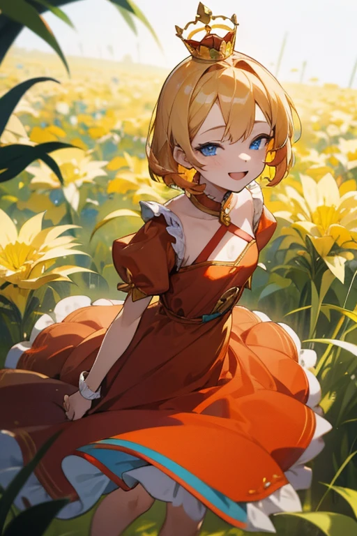 young girl.short golden hair.blue eyes.Yellow and red dress.Look straight..wear a crown,smile,Put your hands behind your back,lawn