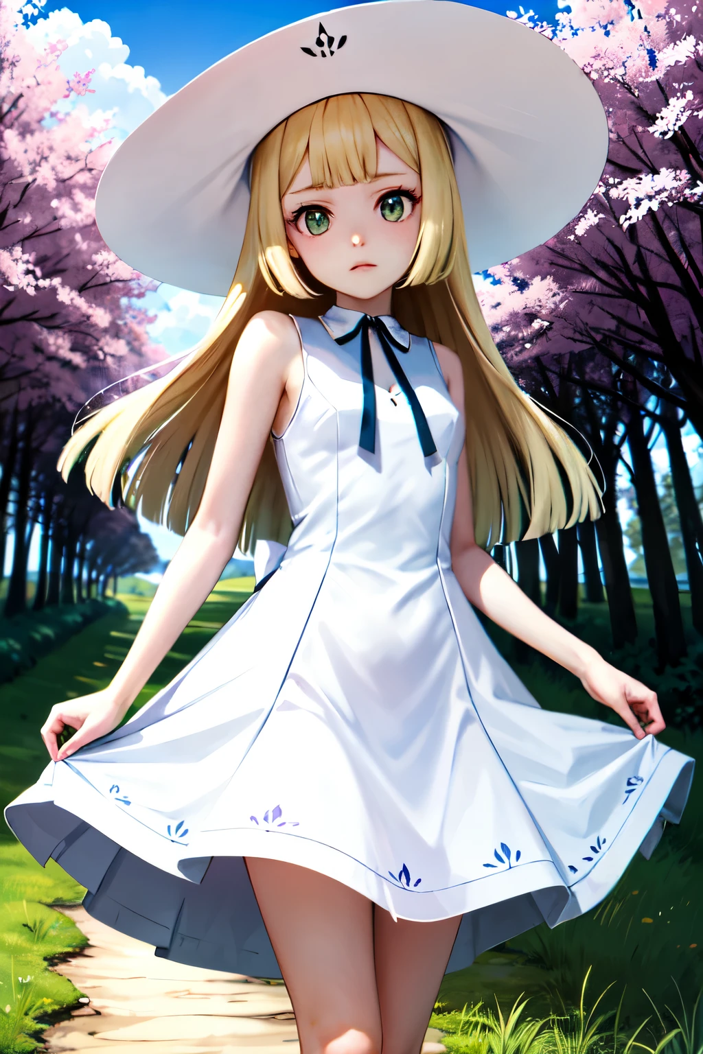 1 girl, masterpiece, (detailed background), Best Quality, absurdities, looking at the viewer,
forest path, field, grass, dirt road, wooden fence, blue sky, clouds, (sakura trees), sleeveless, exposed shoulders,
lilia, White dress, white sun hat, white ribbon, frown, expressionless,