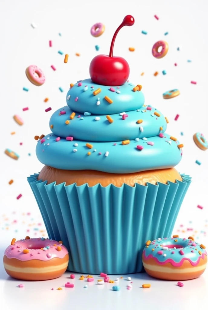 a cyan blue cupcake with sprinkles and cherry on top 3D PNG with transparent background (make it look delicious and have donuts exploding in the background)