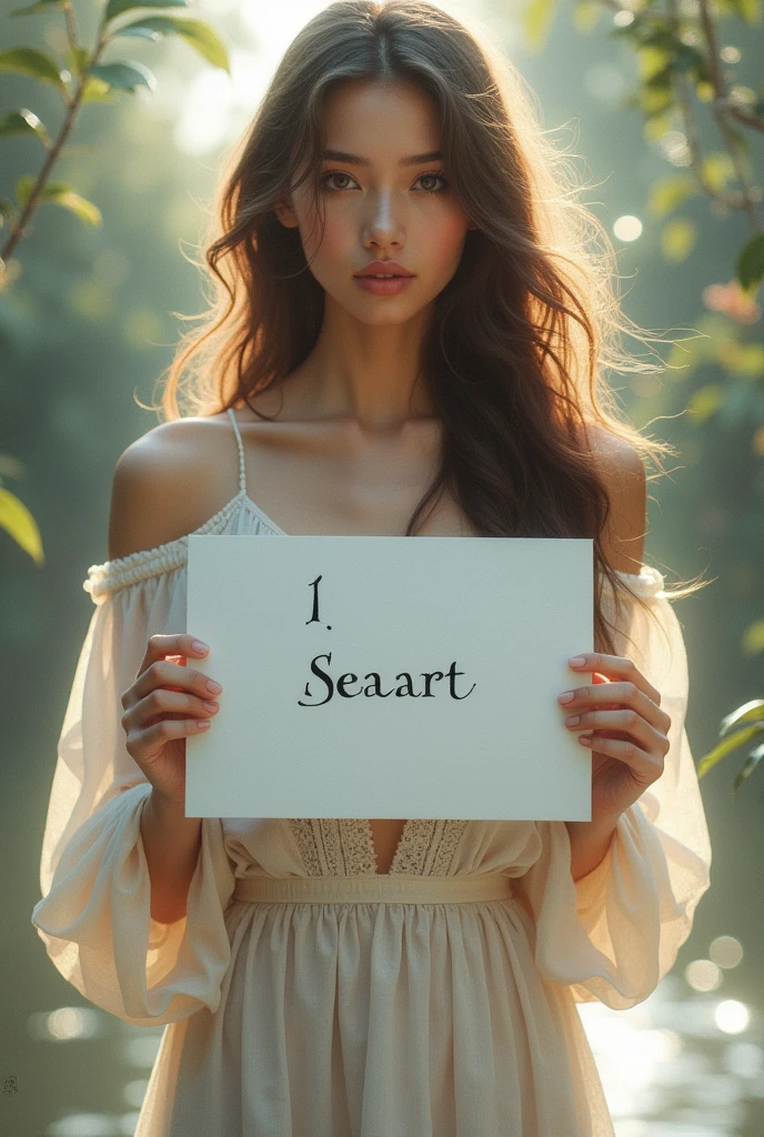 Beautiful girl with wavy long hair, bohemian dress, holding a white board with text "I Love Seaart Infinity" and showing it to the viewer