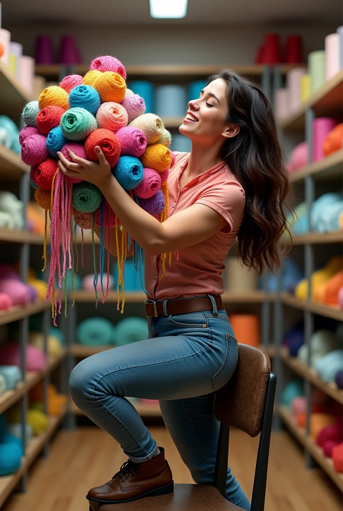 Brunette woman on top of a chair picking up crochet threads that are on the shelves organized in her stockroom and falling off the chair with so many threads in her hands and arms funny photo, She is separating orders for customers in her online store.