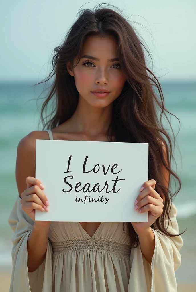 Beautiful girl with wavy long hair, bohemian dress, holding a white board with text "I Love Seaart Infinity" and showing it to the viewer