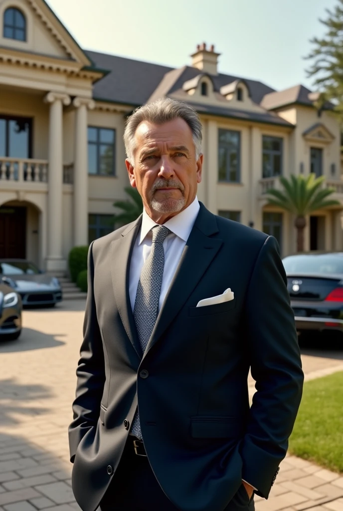A billionaire man in a suit in front of his multimillion house and expensive cars