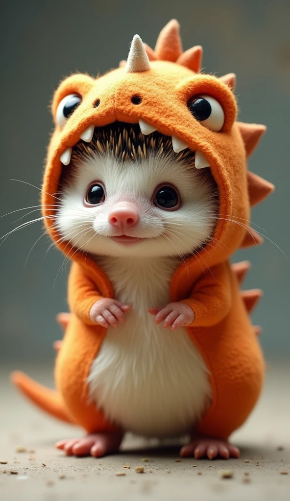 A cute and charming hedgehog character is dressed in an adorable dinosaur costume. The hedgehog's tiny face peeks out from the hood, which is shaped like a fierce yet endearing dinosaur's head, complete with small fabric teeth and big, playful eyes. The costume's body is soft and plush, with little spikes running down the back, giving the hedgehog a comically "fierce" appearance. The hedgehog's expression is a mix of pride and amusement as it stands in a playful pose, perhaps roaring softly or showing off its new look. This heartwarming scene captures the hedgehog's playful spirit and the delightful contrast between its natural cuteness and the exaggerated fierceness of the dinosaur costume.
