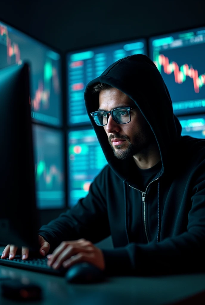 Man dressed in black with glasses and a hood, with a computer making operations in the financial market ,in high quality 
