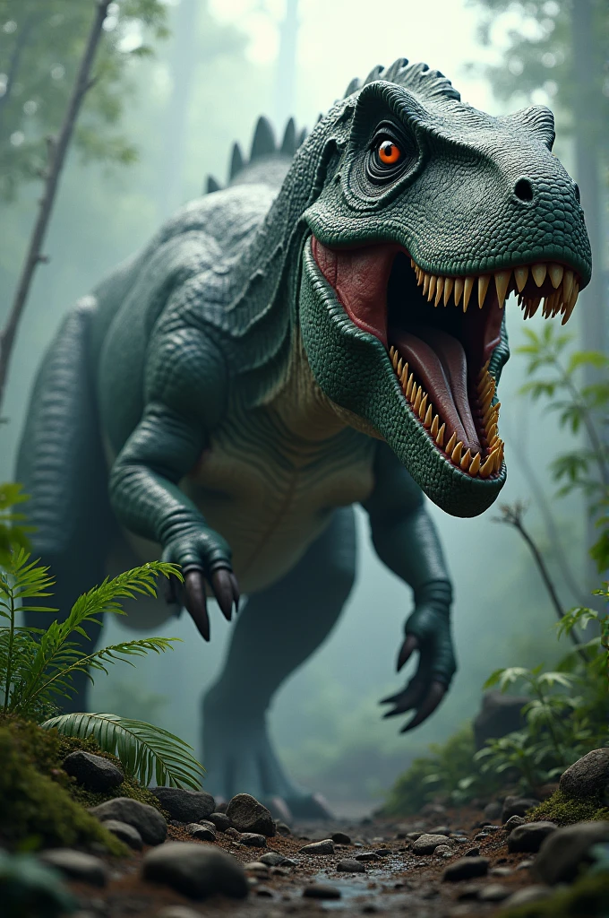 Create a highly realistic and dramatic image of a Giganotosaurus. The Giganotosaurus should be detailed with lifelike textures, dark grey and green scales, and a menacing expression with sharp teeth visible. The setting is a prehistoric forest with dense vegetation and a misty atmosphere. The Giganotosaurus is in an action pose, showcasing its powerful muscles and large size. Dynamic lighting highlights its form and casts dramatic shadows. Include elements like rocks and trees to enhance the realism and depth of the scene.
