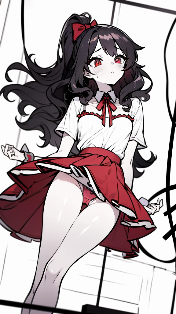 using pantimedies, wavy black hair, piercing look with deep red eyes, average stature, Silky hair with a ponytail hairstyle collected with a red bow with two white lines, with clothes, has a vagina, has breasts, cup of breasts, small breasts, slim, foreground, Session, sitting in her room, standing in his room, wearing pantyhose, using pantimedies, Picardias, short skirt, shoes, blouse with straps, blush, opening her legs making her panties visible, open legs, perfect white panty, Skirt fluttering in the wind, grabbing the skirt with both hands, from below, chubby thighs, big thighs, big ass
