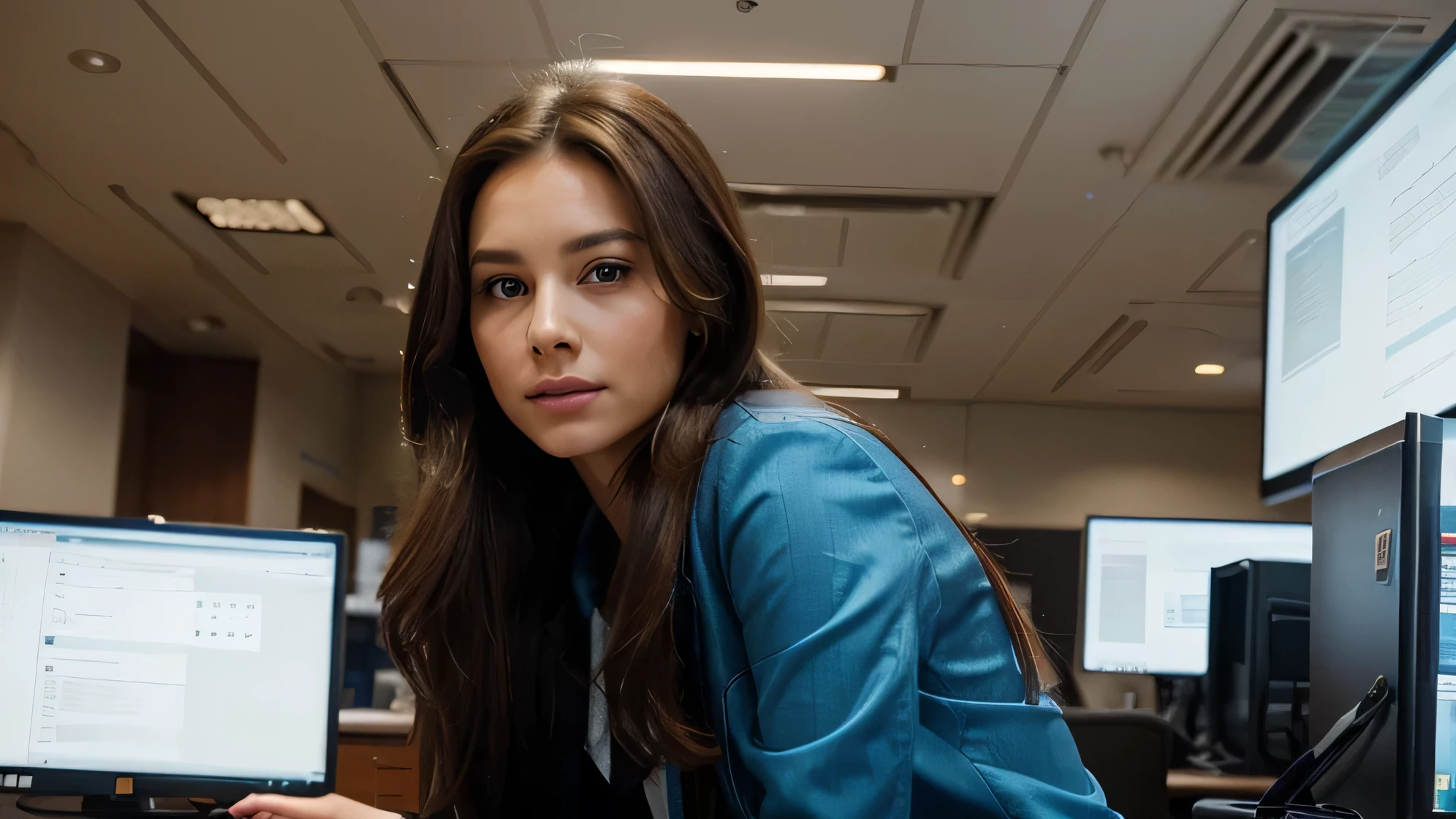 A woman works in a bank, sitting at a desk. The woman has long brown hair that cascades down her back, and she exudes confidence and eleganc. Her face is perfectly framed by her hair, revealing delicate features such as high cheekbones and full lips. She wears a blue jacket