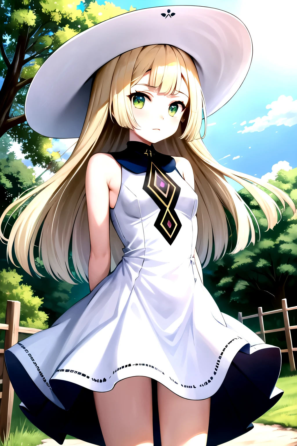 1 girl, masterpiece, (detailed background), Best Quality, absurdities, looking at the viewer,
forest path, field, grass, dirt road, wooden fence, blue sky, clouds, (sakura trees), sleeveless, exposed shoulders,
lilia, White dress, white sun hat, white ribbon, frown, expressionless,