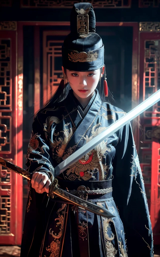 Ultra-high resolution，High-resolution details，reality，，Wearing embroidered Chinese clothing,Dynamic Angle,view,Practical,Luminescence,
Xueer Embroidered Guard Uniform,Royal Guards， have, Solitary,  Fight scenes, Holding a sword, Black Hair, scar, Vague, scar on face, 1 female upper body，Solitary,Beautiful women,
