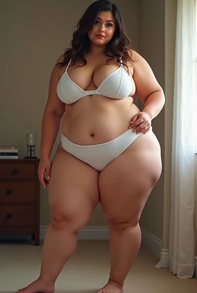 araffe woman in a white bra and micro panties posing for a picture, thicc, thick body, thicc build, thick thigs, large thighs, hyperrealistic full figure, exaggeratedly large physique, massive legs towering over you, thick, beautiful thick female, powerful and huge, thick legs, thick thighs, wide hips, oppai proportions, pawg