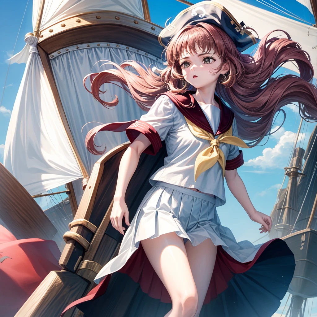 One Girl(8age), pirate, Highest quality、Cinema Lighting、Sailor suit、Long skirt、 sailboat(Galleon)On the mast、White panties,