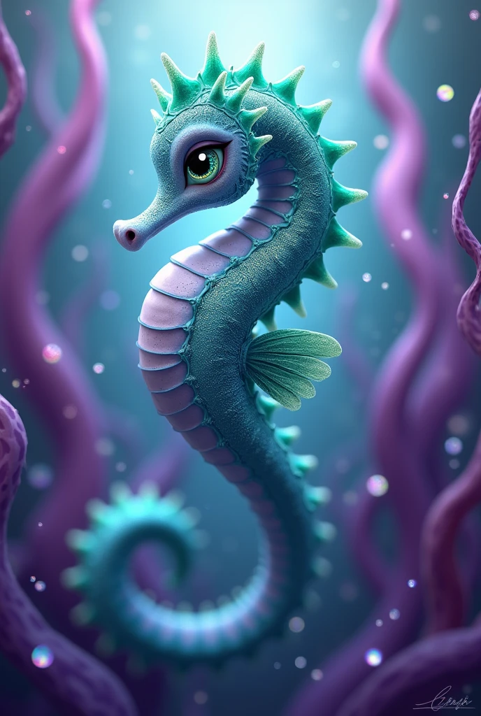 A turquoise seahorse,esmeralda,purple