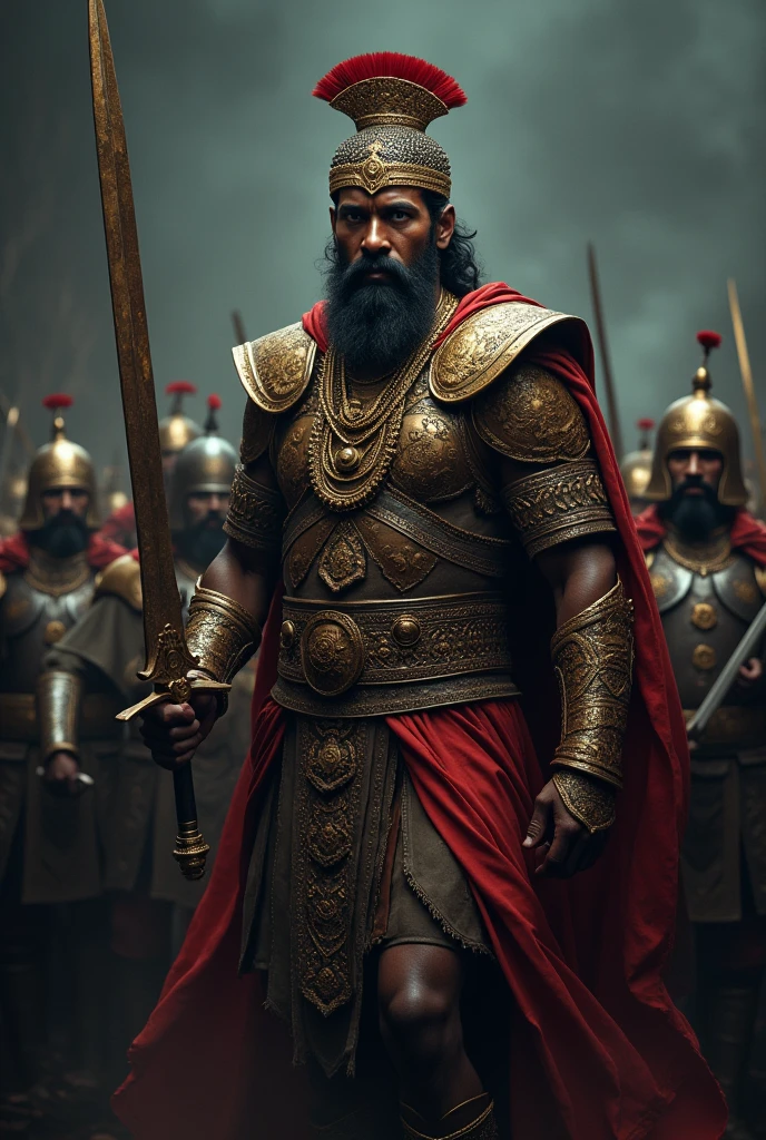 A tamil king with sword and his army
Make it more dark like a logo