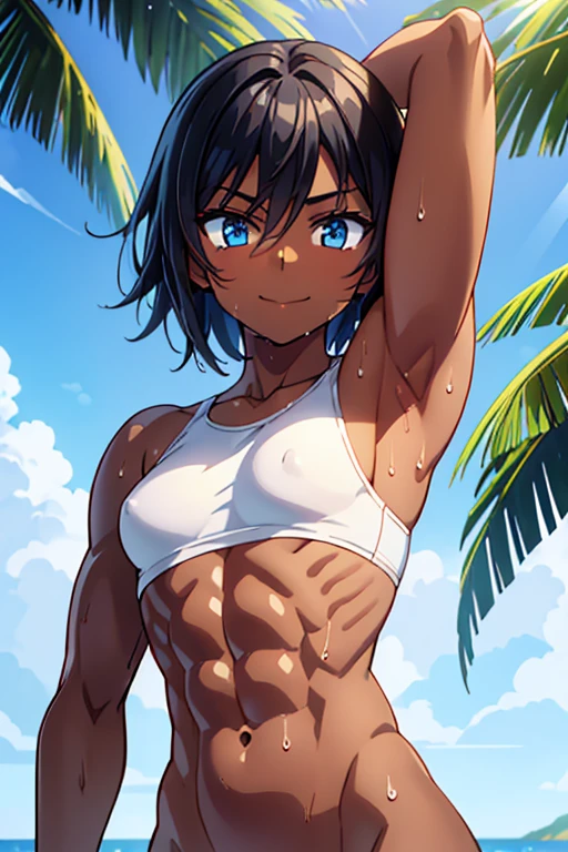 Trained abdominal muscles, Exposed abs,muscle, Brown skin, Dark skin,boyish,Shortcuts, Black Hair,Completely naked,Shoulders are exposed、Developed deltoid muscle You can see realistic armpits,Anime Art, The whole body fits into the angle of view, Sweat, Contrasting blue sky,Early s,smile,Slim body,girl,