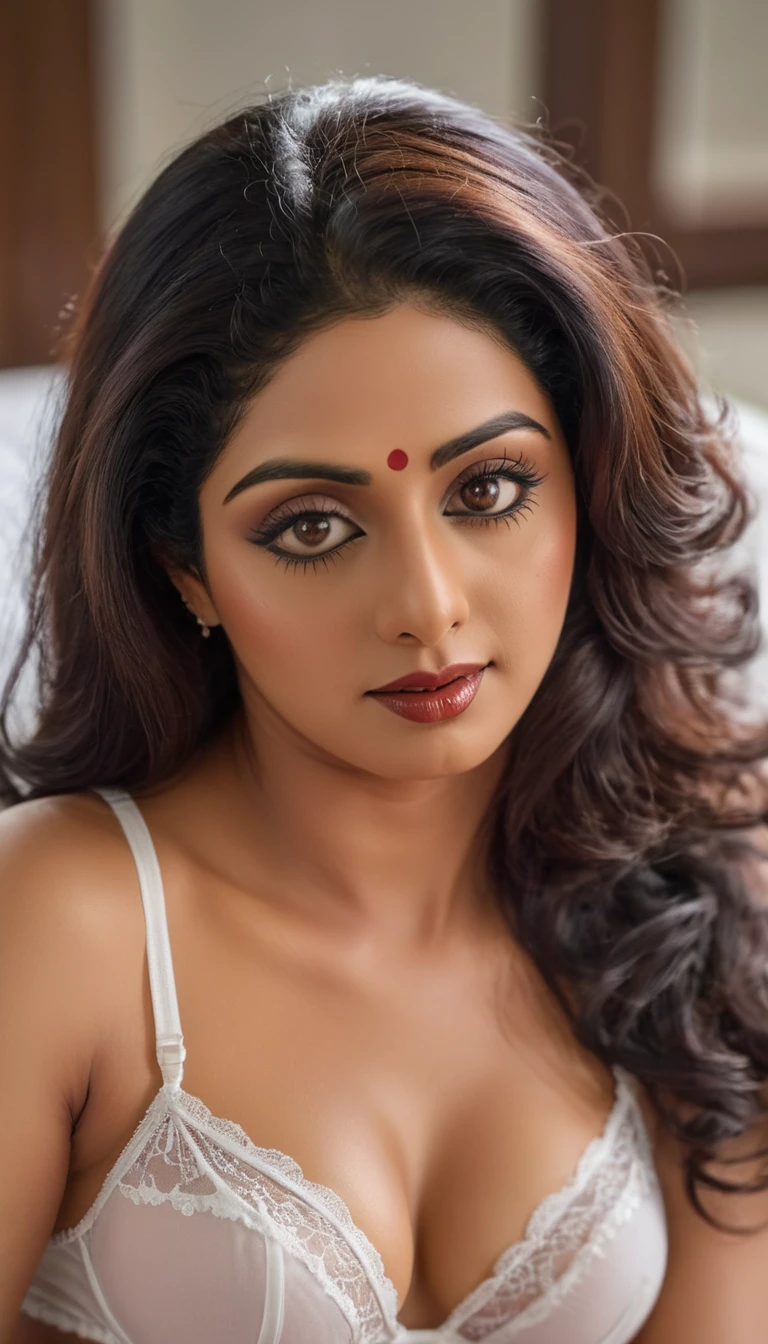 (Skin texture), Super high res portrait photo of a sridevi , wearing white indian lingerie,f /2.8, Canon, 85mm,cinematic, high quality, skin texture, looking at the camera,  free hair,,in bed, showing her body, sony canon, cool, 2024 picture, latest technology, high resolution, hdr, 4k, less make up