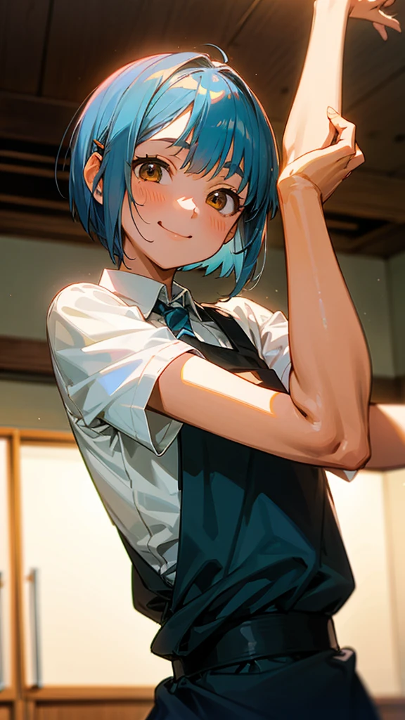 1 girl、Anime Images、kitchen、Delicious food、shrimp、Stretch your arms out in front of you、Shiny light blue hair、Short Bob Hairstyles、Tie your hair with an orange hair clip、Beautiful brown eyes、smile、Upper body close-up、Sharp contours、Background Blur、Written boundary depth