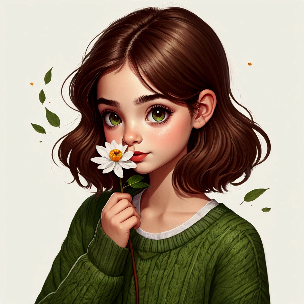 uma mulher com uma flor na mão e um suéter verde, realistic bonitinho girl painting, bonitinho art style, bonitinho detailed artwork, beautiful estilo de desenho, bonitinho illustration, bonitinho digital art, bonitinho detailed digital art, ilustração serena, bonitinho artwork, bonitinho drawing,  com cara de flor, tendências em arte, estilo de desenho, bonitinho cartoon, 🍁 bonitinho, ilustração de estilo cartoon