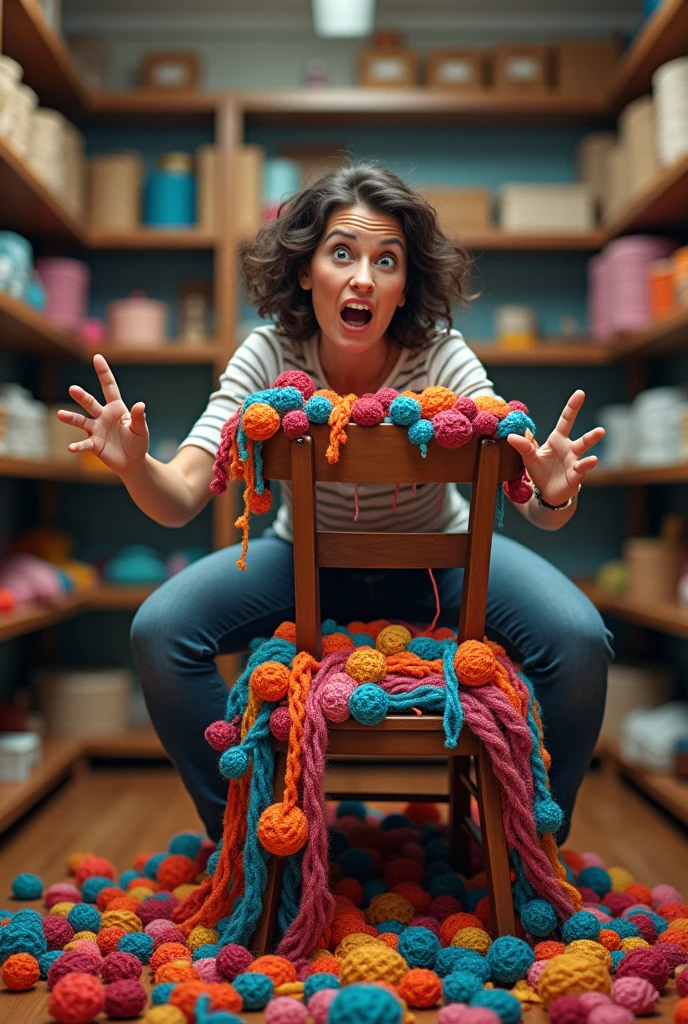 Brunette woman on top of a chair picking up crochet threads that are on the shelves organized in her stockroom and falling off the chair with so many threads in her hands and arms funny photo, She is separating orders for customers in her online store.. Face of shock like help me I don't want to fall