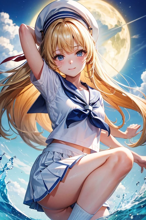 A high school girl in a sailor suit is doing a high kick,long hair,Blonde,White,White shorts