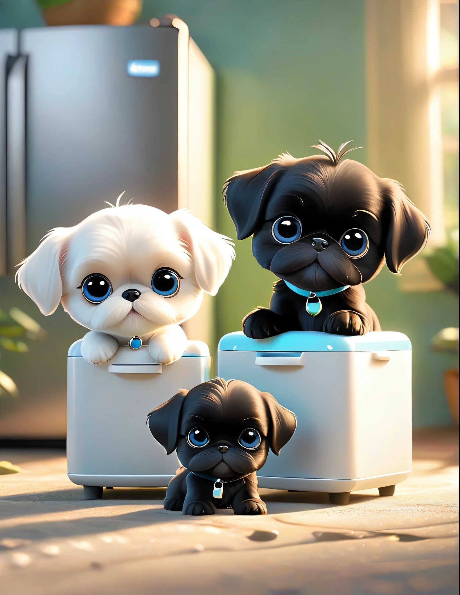 2 adorable all black black black black black Shih Tzu puppies with big blue eyes wearing white collars and sunglasses guarding a refrigerator 3D Pixar style