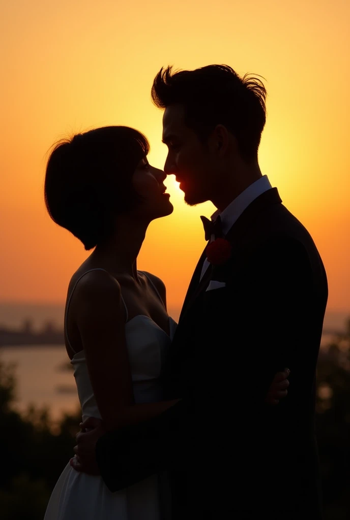 Pose 4: Playful Interaction
Pose 5: Romantic Silhouette
Description: The couple is captured in a silhouette against the setting sun. They are standing close together, with the woman’s head slightly tilted towards the man, who is holding her close. Their figures are outlined against the warm, golden sky, emphasizing their connection.
Background: The horizon of Yokohama Bay with the setting sun creates a dramatic backdrop. The outlines of the Marine Tower and park greenery are subtly visible in the silhouette.
Lighting: The backlighting of the sunset creates a romantic and ethereal glow, highlighting the outline of the couple and the tranquil setting.
 Casual yet Elegant Fashion:  stylish but relaxed, fitting the overall elegant vibe. Yamashita Park Setting: Position the couple with the park’s features in the background. Capture the waterfront, lush greenery, and any distinctive landmarks like the Marine Tower. 
Details of the Couple: Woman: With her short, dark hair styled neatly and her gentle features, she should be captured in a way that highlights her relaxed and natural beauty. Her outfit should complement her fair complexion and the soft lighting. 
Man: With his slightly tousled dark hair and angular face, he should have a profile view that emphasizes his defined jawline and intense gaze. His relaxed expression should be softened by the golden light.