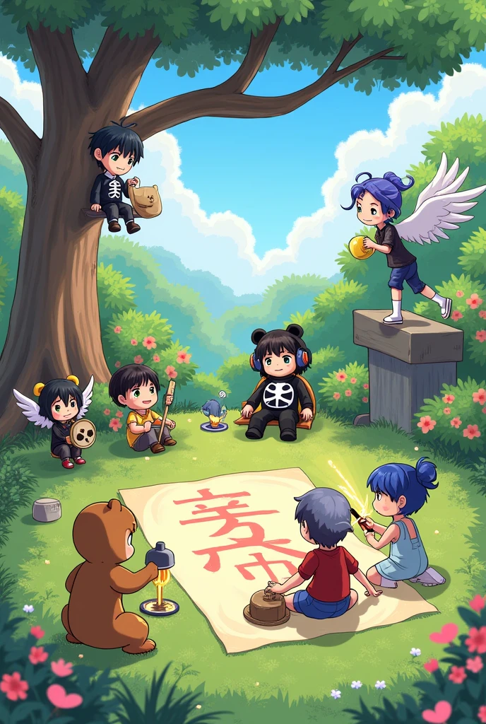 Make a fanart in a garden, where the main character of blockmango is sitting with a teddy bear bag, make a boy with black hair wearing a skull suit and a headset on top of a tree, make a girl with angel wings and make two girls drawing the name 雷 on a paper stretched on the floor, make a boy with skin similar to the universe and one with blue hair, a lamp supported by a stick on his back, a boy dressed as a bear and that's it