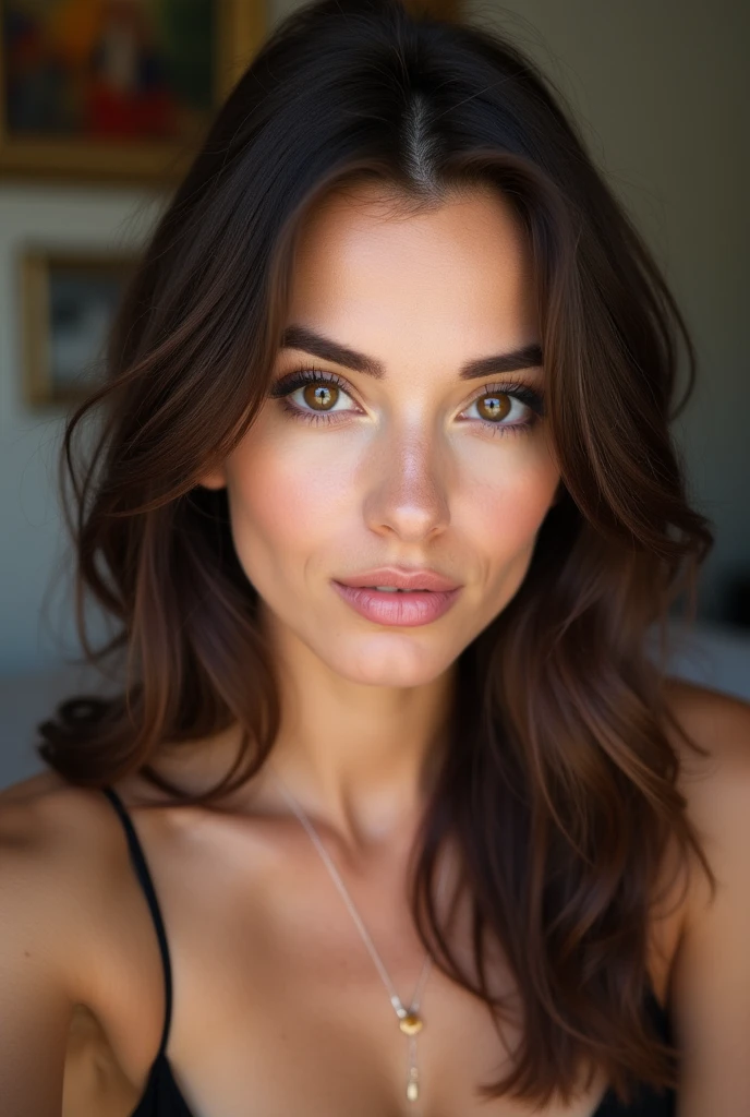 femme arafed, fille sexy aux yeux bruns, Portrait Sophie Mudd, cheveux bruns et grands yeux, selfie d&#39;une jeune femme, Yeux de chambre, violette myers, sans maquillage, maquillage naturel, regarder directement la caméra, Visage avec Artgram, Maquillage subtil, Superbe photo du corps entier, clivage, assis à table