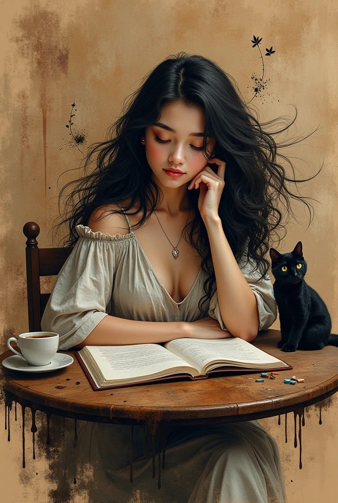(Full View) Ink splashes, image of beautiful poetess girl 25 Y.O. Sitting on table with cup of coffee and cat is sitting beside the table and background is a poetry room in which the girl is sitting, on kraft paper in the technique of aerosol painting, ink, high resolution. the whole scene should be visible, like full table. zoom out pic
