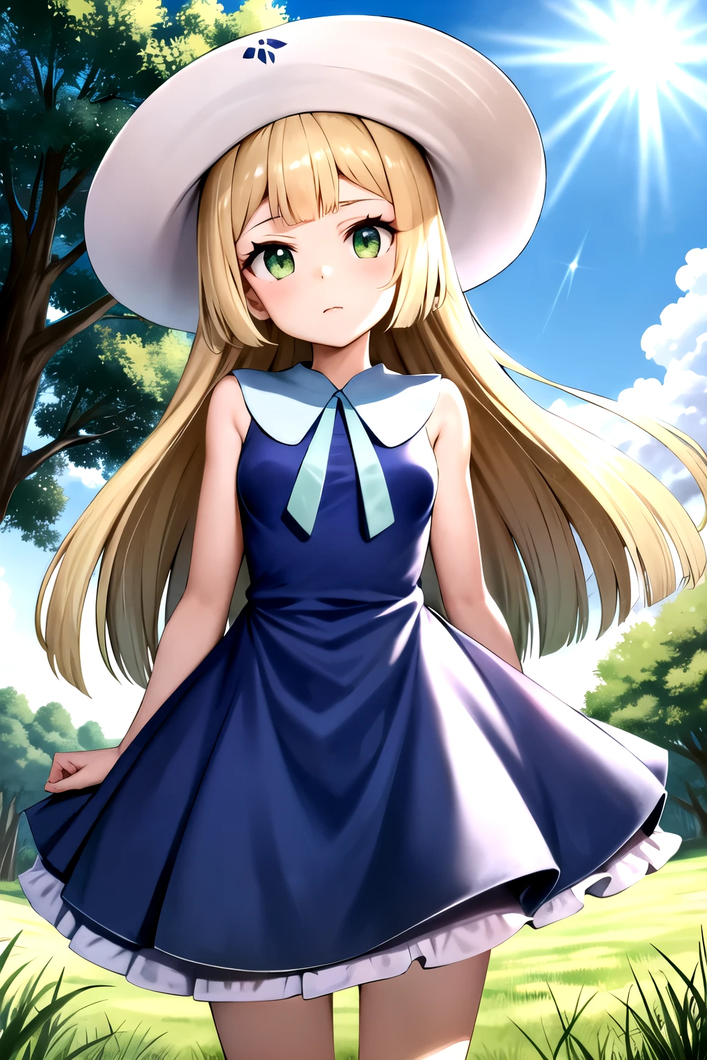 1 girl, masterpiece, (detailed background), Best Quality, absurdities, looking at the viewer,
forest path, field, grass, dirt road, wooden fence, blue sky, clouds, (sakura trees), sleeveless, exposed shoulders,
lilia, White dress, white sun hat, white ribbon, frown, expressionless,