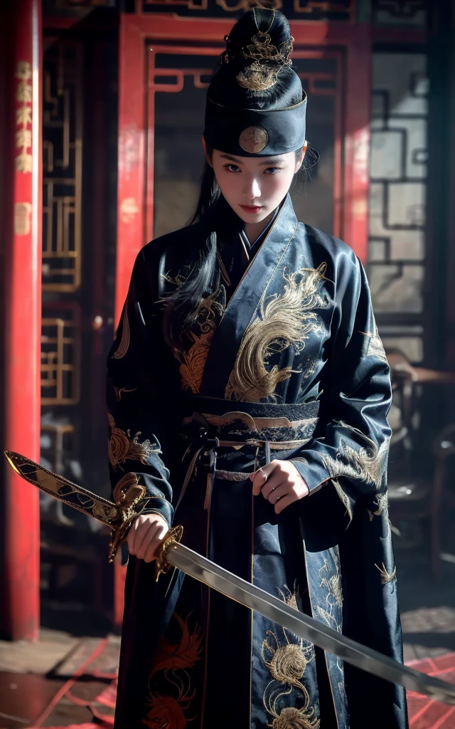 Wearing embroidered Chinese clothing,Dynamic Angle,view,Practical,Luminescence,
Xueer Embroidered Guard Uniform, have, Solitary,  Looking at the audience, Holding a sword, Black Hair, scar, Vague, scar on face, 1 female upper body，Solitary,Beautiful women,
