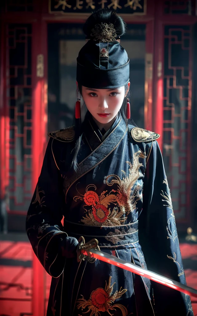 Wearing embroidered Chinese clothing,Dynamic Angle,view,Practical,Luminescence,
Xueer Embroidered Guard Uniform, have, Solitary,  Looking at the audience, Holding a sword, Black Hair, scar, Vague, scar on face, 1 female upper body，Solitary,Beautiful women,
