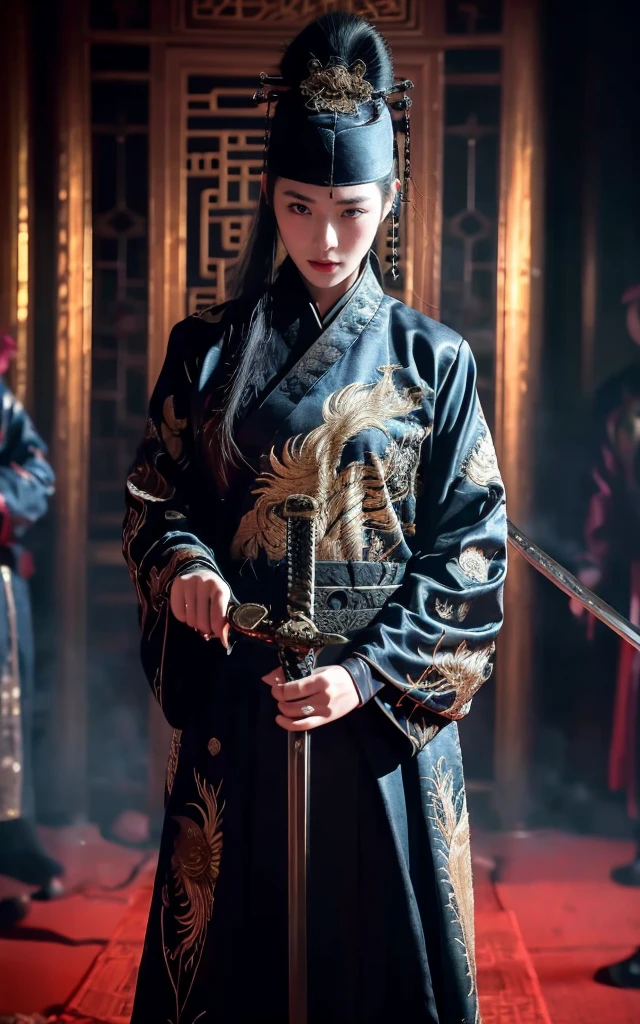 Wearing embroidered Chinese clothing,Dynamic Angle,view,Practical,Luminescence,
Xueer Embroidered Guard Uniform, have, Solitary,  Looking at the audience, Holding a sword, Black Hair, scar, Vague, scar on face, 1 female upper body，Solitary,Beautiful women,
