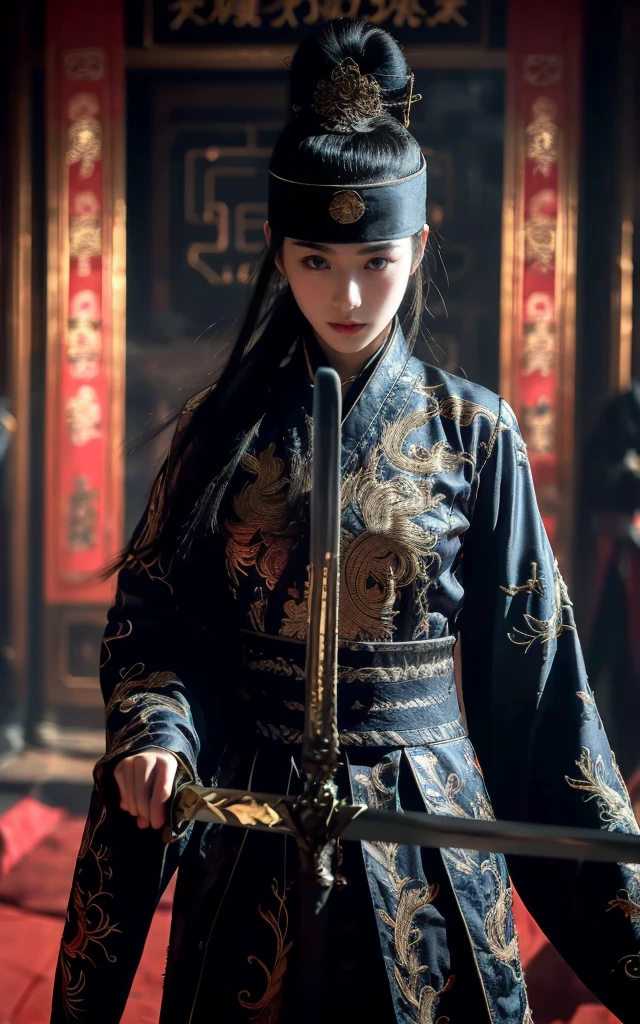 Wearing embroidered Chinese clothing,Dynamic Angle,view,Practical,Luminescence,
Xueer Embroidered Guard Uniform, have, Solitary,  Looking at the audience, Holding a sword, Black Hair, scar, Vague, scar on face, 1 female upper body，Solitary,Beautiful women,
