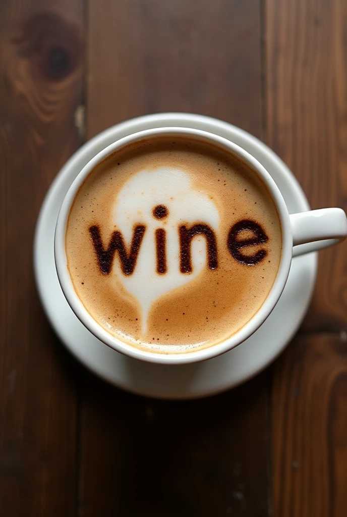 A cup of coffee with the foam forms the letter "wine"