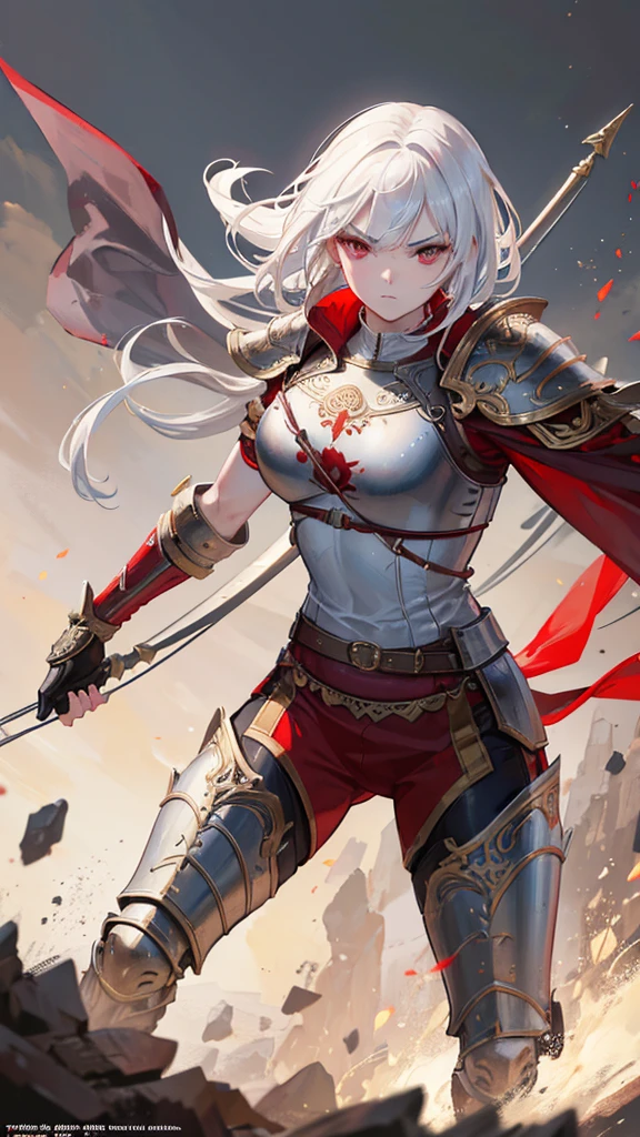 a warrior archer with medium-cut white hair, red eyes, detailed facial features, beautiful, ornate armor, wielding a longbow, in a battle scene, medieval fantasy, dramatic lighting, cinematic composition, epic, highly detailed, 8k, photorealistic, masterpiece